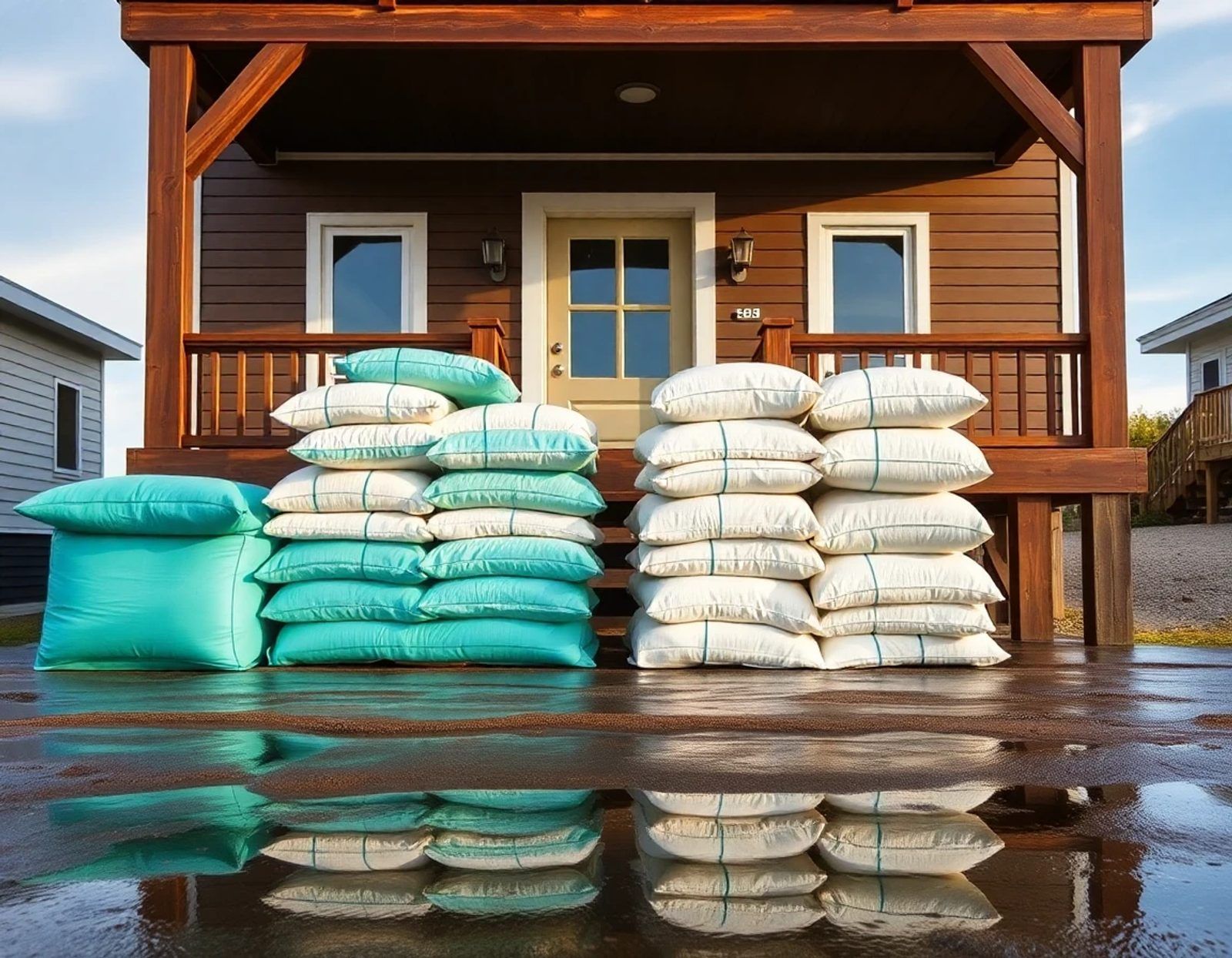 Sandbags stacked on a flooded front porch