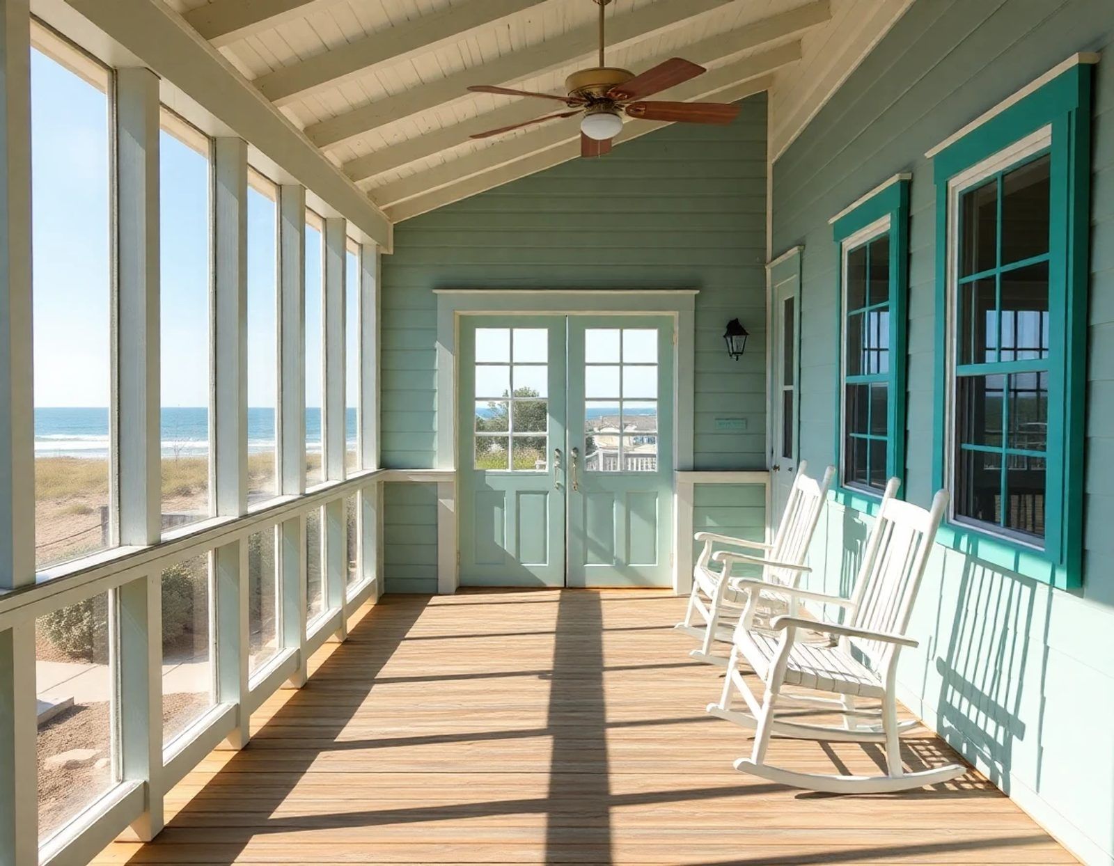 Screened porch of a coastal beach house with rocking chairs