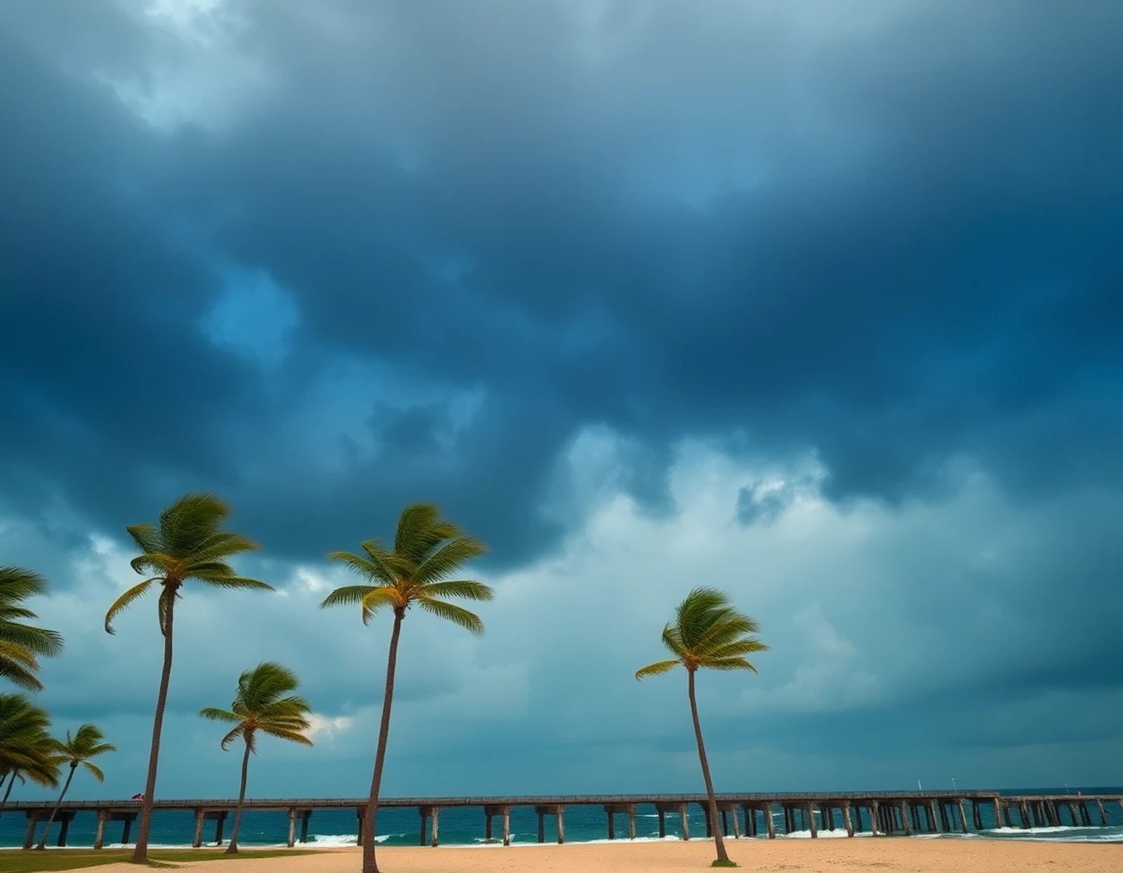 Palm trees on the shoreline under a dark storm sky