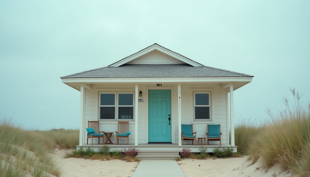 Beach cottage with porch furniture stacked for the off season