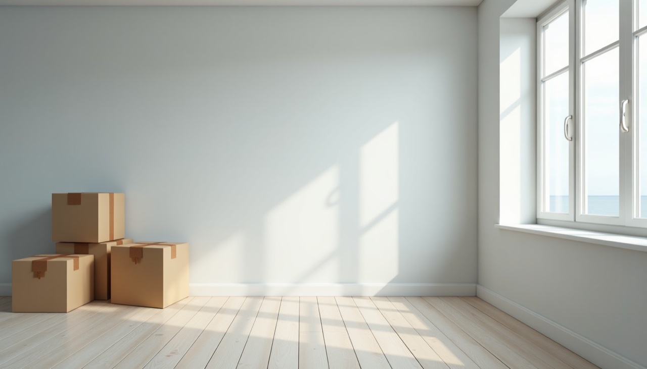 Closed moving boxes in an empty room of a coastal home