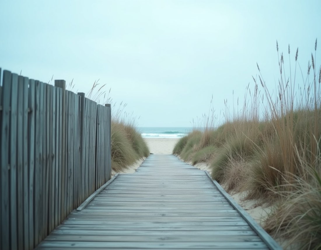 Wooden beach access path between dunes at Oak Island