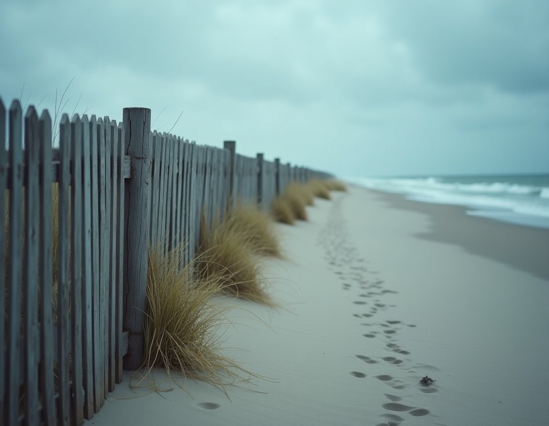 Sand fence along a dune line under an overcast sky